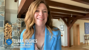 A screenshot of Clara Hughes delivering her convocation address during NC's Virtual Convocation ceremonies in June.  Hughes is pictured in her home speaking to the grads.