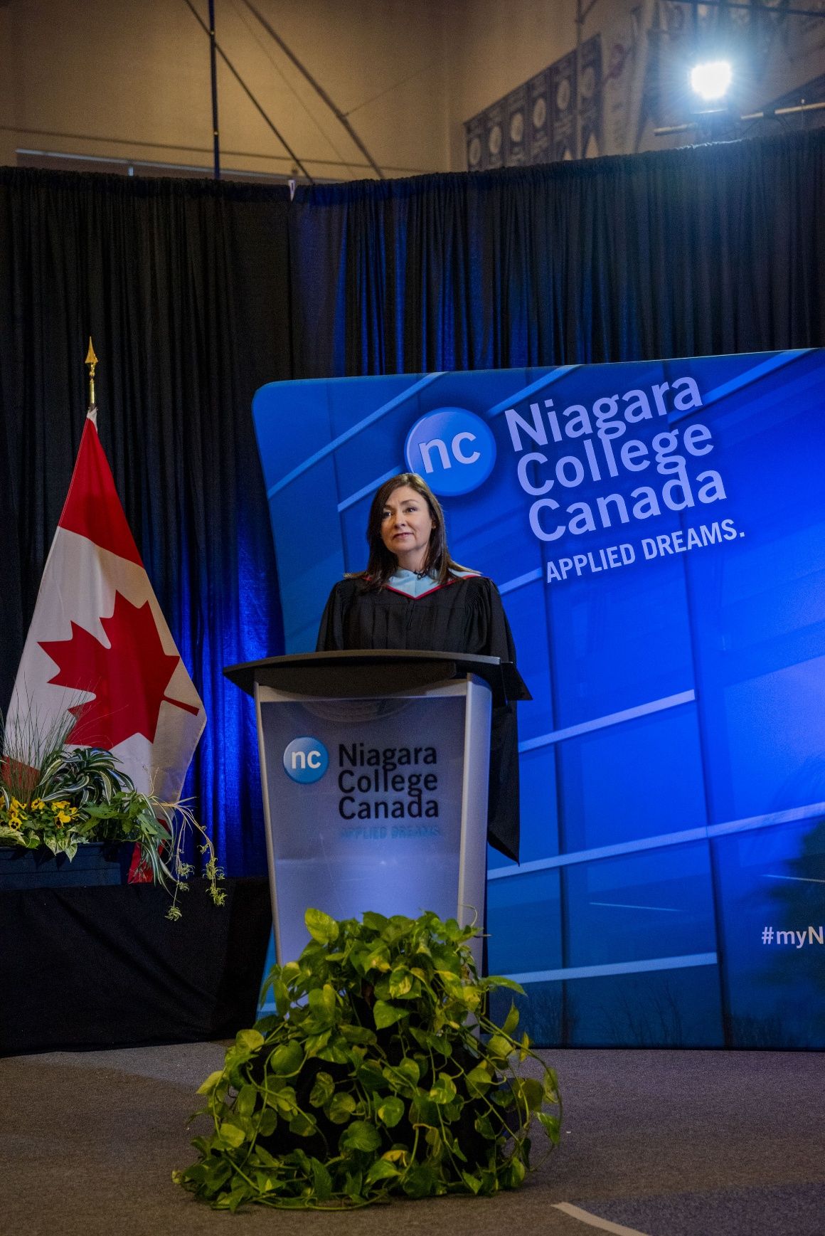 Fiona Allan stands behind a podium at the college's Fall 2020 Convocation