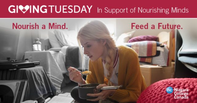 Woman sitting on bed eating. Giving Tuesday, in support of nourishing minds. Nourish a mind, feed a future.