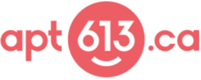 Logo for blog Apartment 613 features pink text atop a transparent background with a circle in the middle.