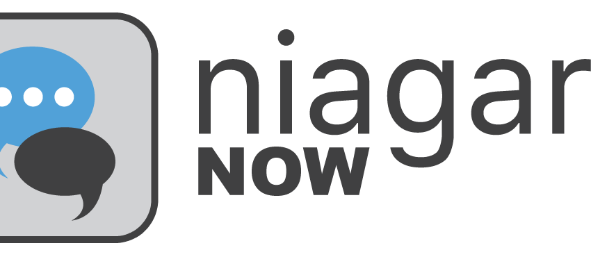 Logo for Niagara Now. The graphic has two overlapping speech bubbles, one blue one gray, and gray type.