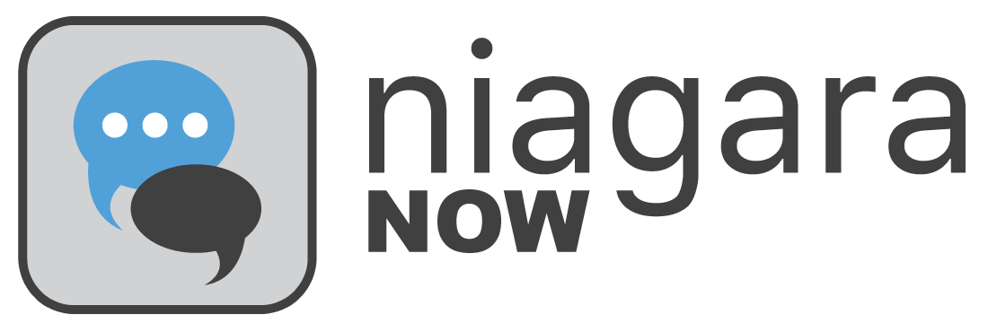 Logo for Niagara Now. The graphic has two overlapping speech bubbles, one blue one gray, and gray type.